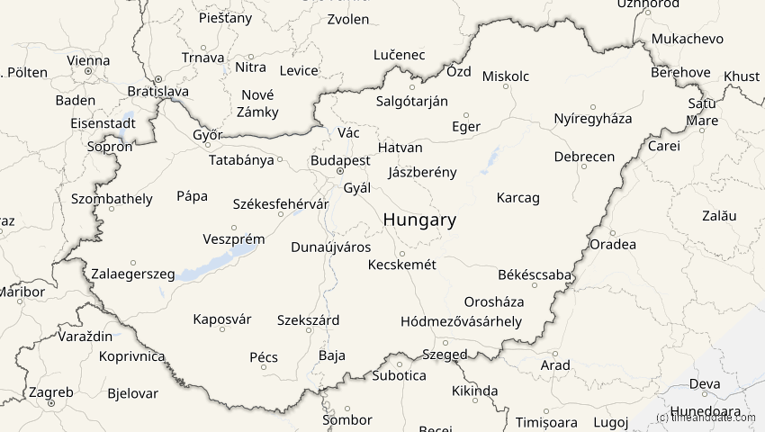 A map of Hungary, showing the path of the Mar 29, 2025 Partial Solar Eclipse