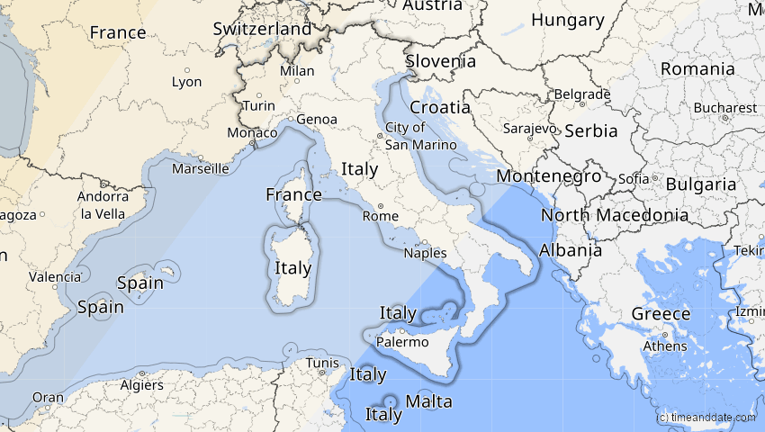 A map of Italy, showing the path of the Mar 29, 2025 Partial Solar Eclipse