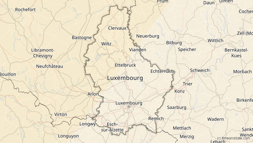 A map of Luxembourg, showing the path of the Mar 29, 2025 Partial Solar Eclipse