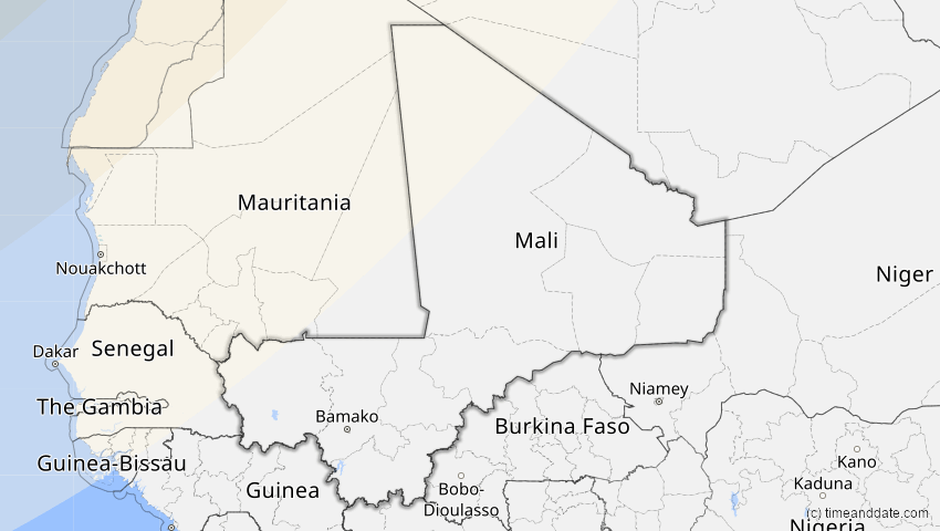A map of Mali, showing the path of the Mar 29, 2025 Partial Solar Eclipse