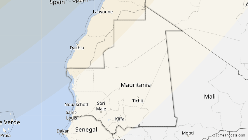 A map of Mauritania, showing the path of the Mar 29, 2025 Partial Solar Eclipse