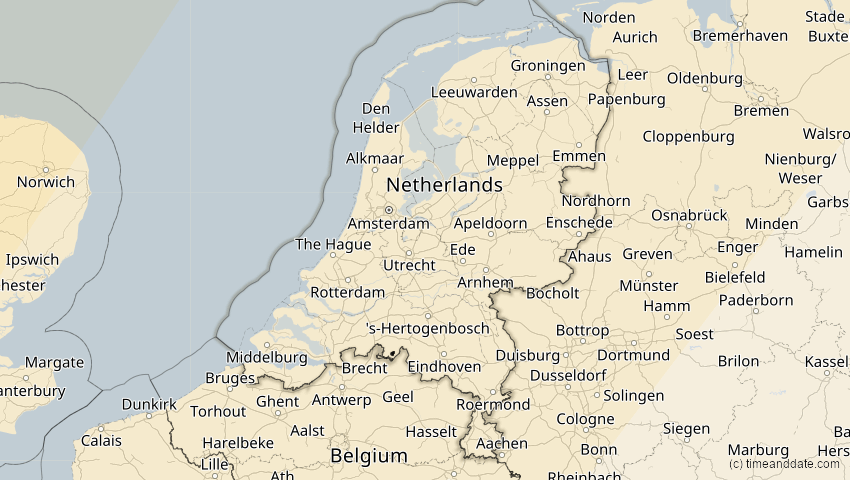 A map of Netherlands, showing the path of the Mar 29, 2025 Partial Solar Eclipse