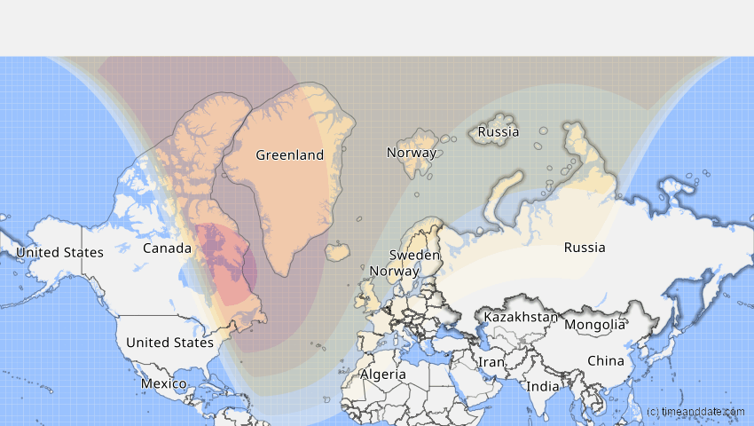 A map of Russia, showing the path of the Mar 29, 2025 Partial Solar Eclipse