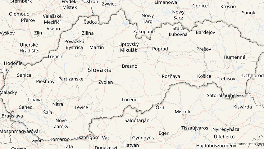 A map of Slovakia, showing the path of the Mar 29, 2025 Partial Solar Eclipse