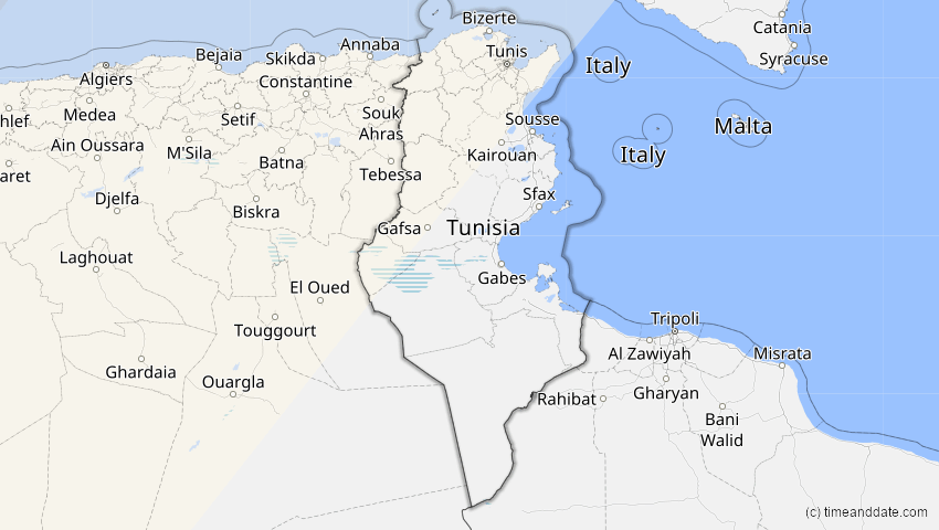 A map of Tunisia, showing the path of the Mar 29, 2025 Partial Solar Eclipse