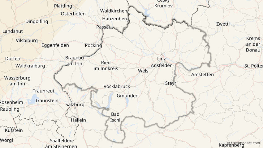 A map of Oberösterreich, Österreich, showing the path of the 29. Mär 2025 Partielle Sonnenfinsternis