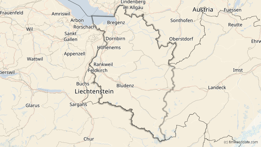 A map of Vorarlberg, Österreich, showing the path of the 29. Mär 2025 Partielle Sonnenfinsternis