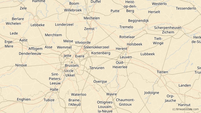 A map of Flämisch-Brabant, Belgien, showing the path of the 29. Mär 2025 Partielle Sonnenfinsternis