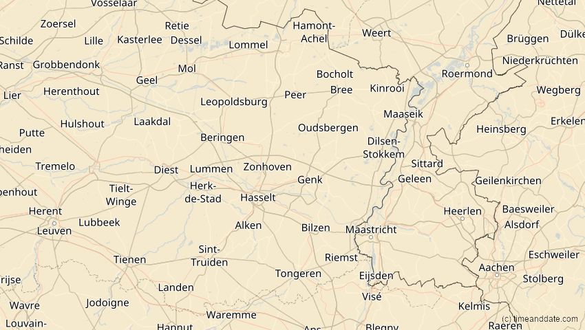 A map of Limburg, Belgien, showing the path of the 29. Mär 2025 Partielle Sonnenfinsternis