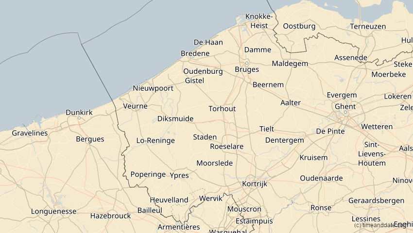 A map of West Flanders, Belgium, showing the path of the Mar 29, 2025 Partial Solar Eclipse