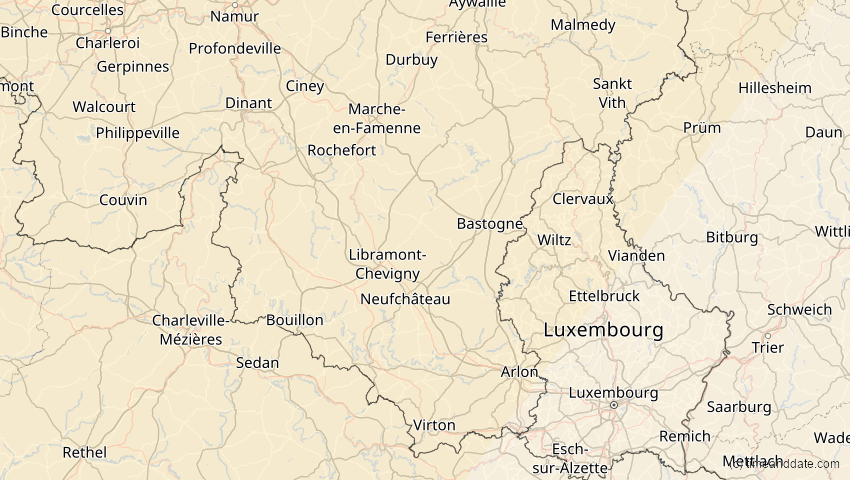 A map of Luxembourg, Belgium, showing the path of the Mar 29, 2025 Partial Solar Eclipse