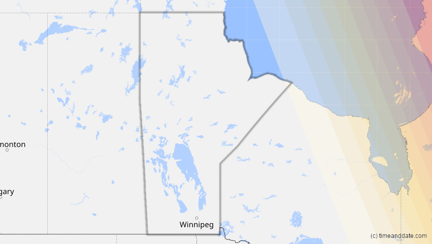 A map of Manitoba, Kanada, showing the path of the 29. Mär 2025 Partielle Sonnenfinsternis
