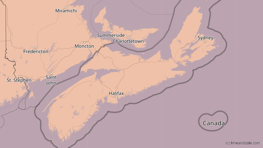 A map of Nova Scotia, Kanada, showing the path of the 29. Mär 2025 Partielle Sonnenfinsternis