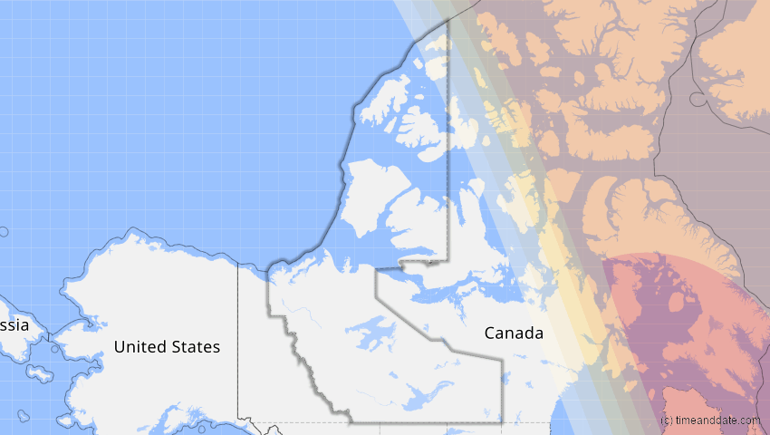 A map of Northwest Territories, Canada, showing the path of the Mar 29, 2025 Partial Solar Eclipse