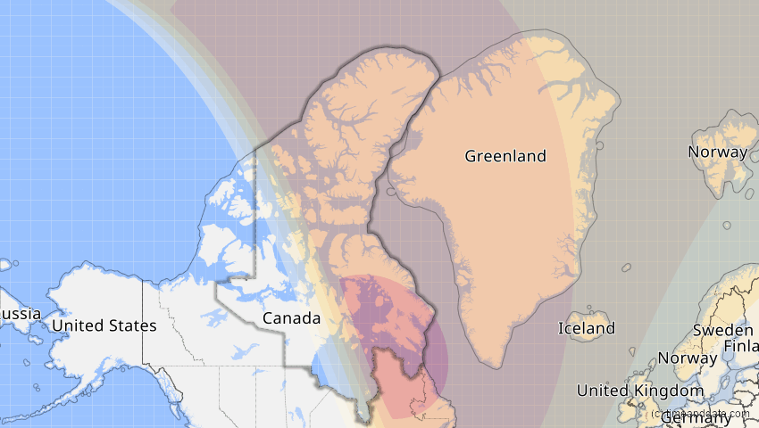 A map of Nunavut, Canada, showing the path of the Mar 29, 2025 Partial Solar Eclipse