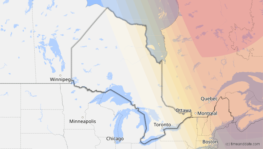 A map of Ontario, Canada, showing the path of the Mar 29, 2025 Partial Solar Eclipse