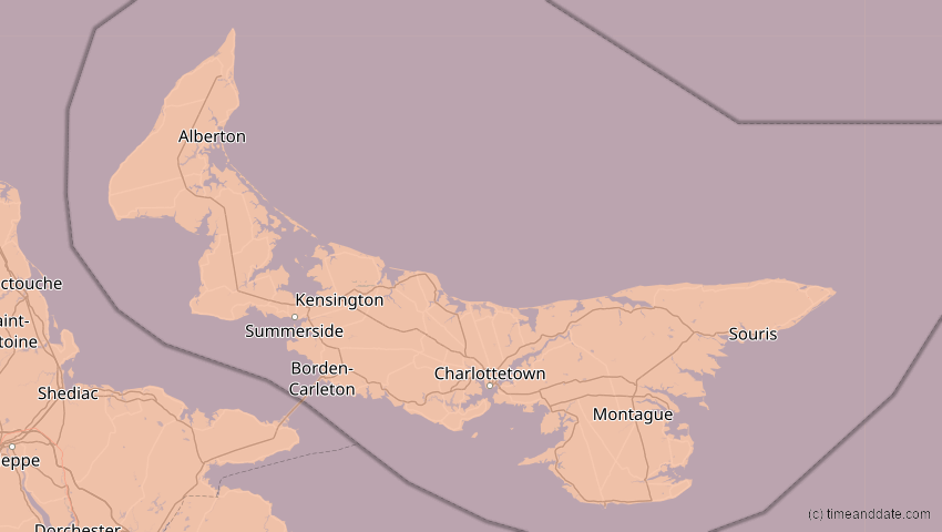 A map of Prince Edward Island, Canada, showing the path of the Mar 29, 2025 Partial Solar Eclipse
