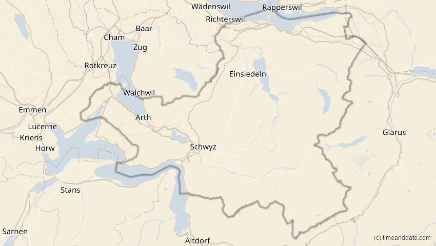 A map of Schwyz, Schweiz, showing the path of the 29. Mär 2025 Partielle Sonnenfinsternis