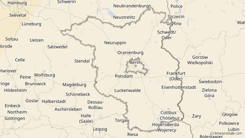 A map of Brandenburg, Deutschland, showing the path of the 29. Mär 2025 Partielle Sonnenfinsternis