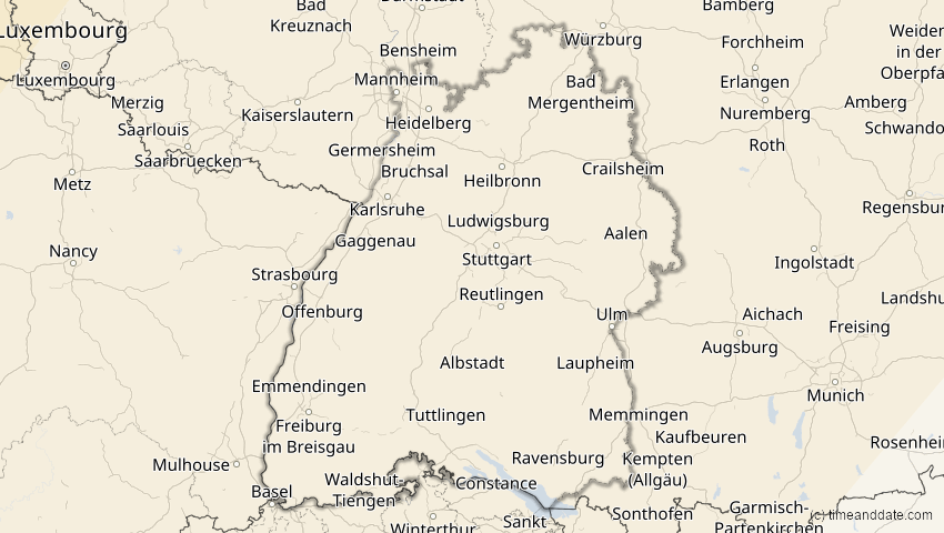 A map of Baden-Württemberg, Deutschland, showing the path of the 29. Mär 2025 Partielle Sonnenfinsternis