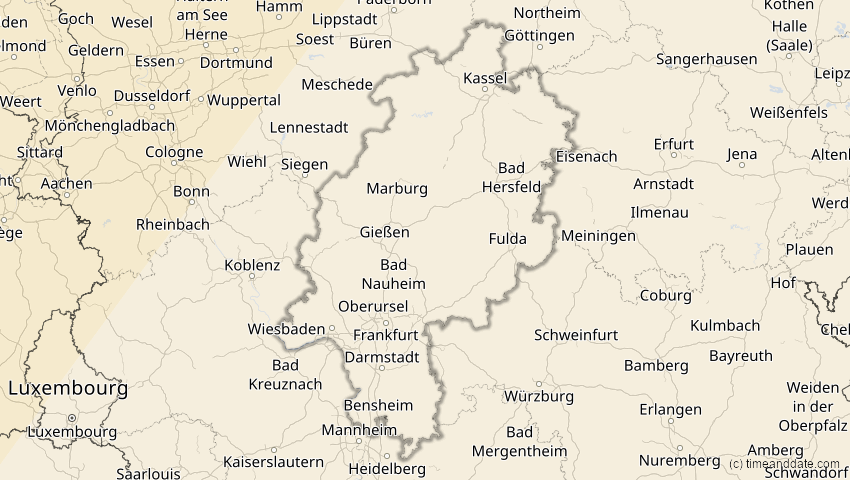 A map of Hessen, Deutschland, showing the path of the 29. Mär 2025 Partielle Sonnenfinsternis