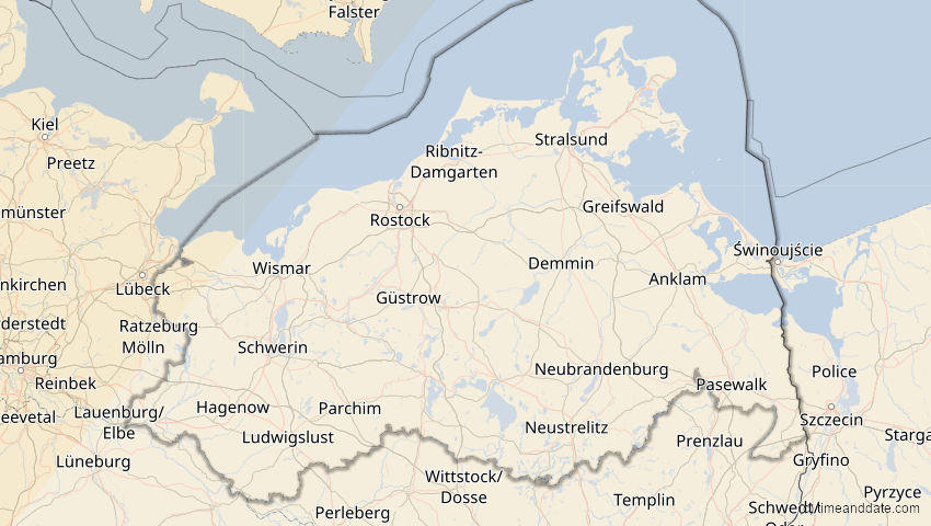 A map of Mecklenburg-Vorpommern, Deutschland, showing the path of the 29. Mär 2025 Partielle Sonnenfinsternis
