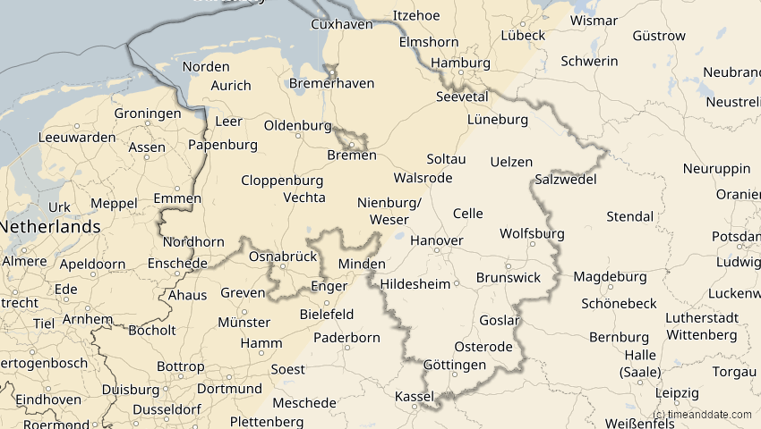 A map of Niedersachsen, Deutschland, showing the path of the 29. Mär 2025 Partielle Sonnenfinsternis