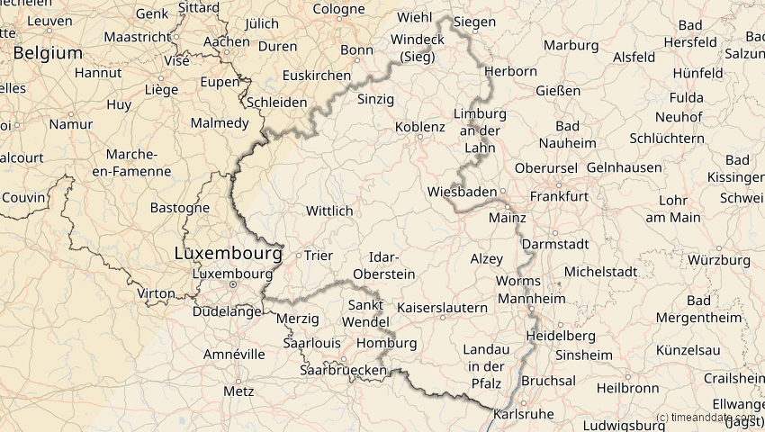 A map of Rheinland-Pfalz, Deutschland, showing the path of the 29. Mär 2025 Partielle Sonnenfinsternis