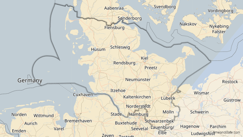 A map of Schleswig-Holstein, Deutschland, showing the path of the 29. Mär 2025 Partielle Sonnenfinsternis