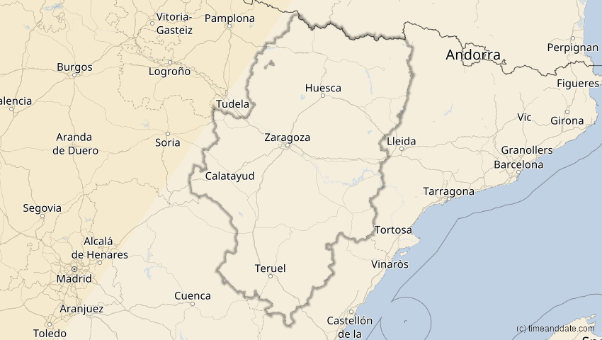 A map of Aragon, Spain, showing the path of the Mar 29, 2025 Partial Solar Eclipse