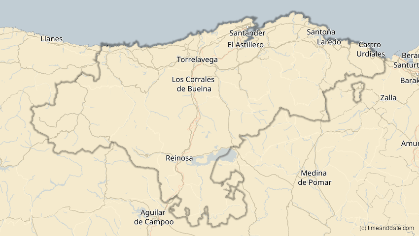 A map of Cantabria, Spain, showing the path of the Mar 29, 2025 Partial Solar Eclipse