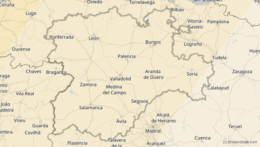 A map of Kastilien und León, Spanien, showing the path of the 29. Mär 2025 Partielle Sonnenfinsternis