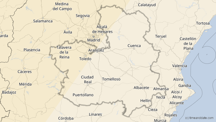 A map of Kastilien-La Mancha, Spanien, showing the path of the 29. Mär 2025 Partielle Sonnenfinsternis
