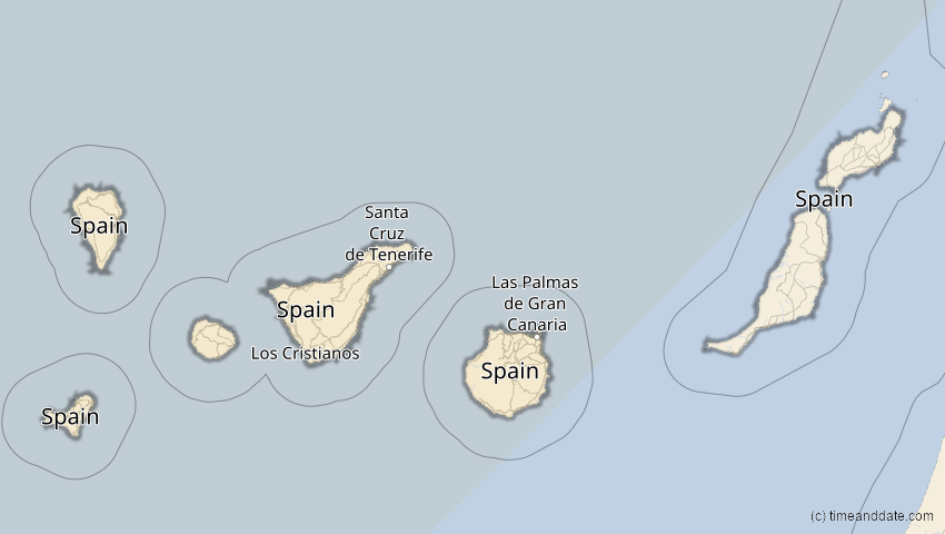 A map of Canary Islands, Spain, showing the path of the Mar 29, 2025 Partial Solar Eclipse