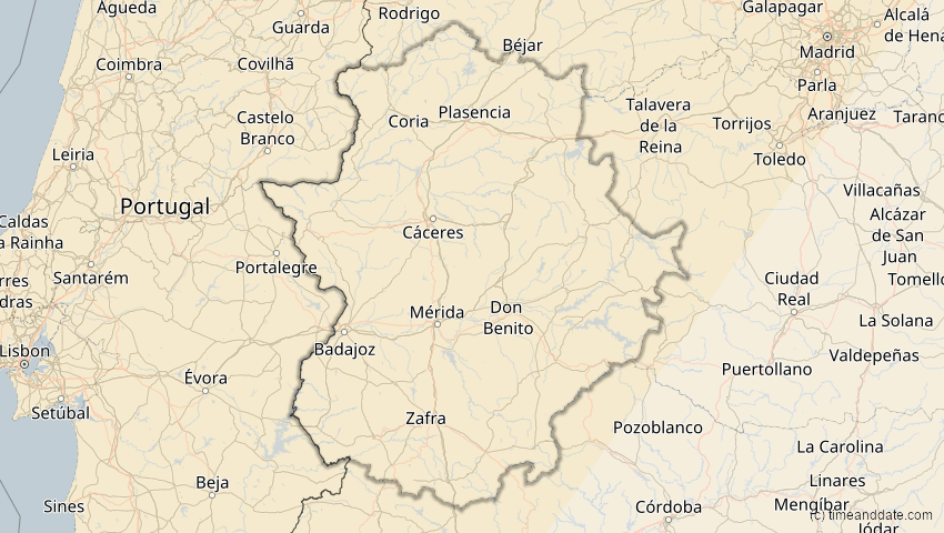 A map of Extremadura, Spanien, showing the path of the 29. Mär 2025 Partielle Sonnenfinsternis