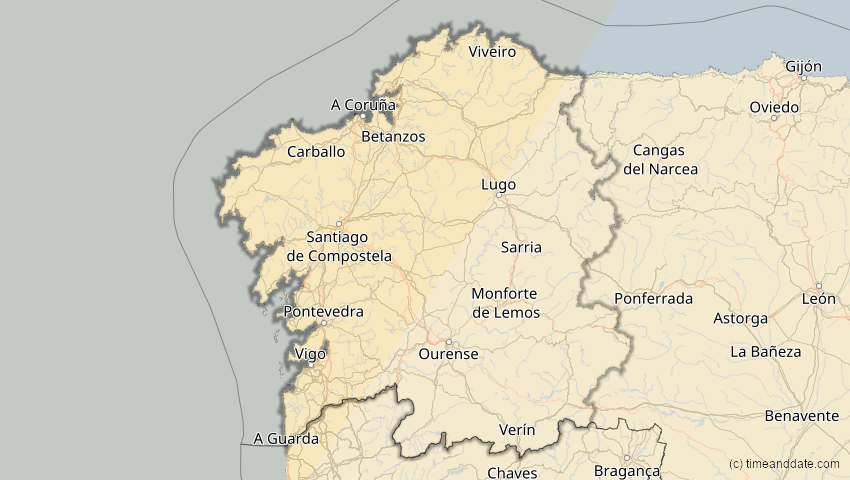 A map of Galicia, Spain, showing the path of the Mar 29, 2025 Partial Solar Eclipse