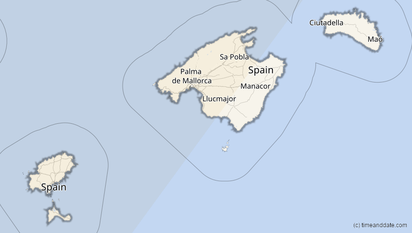 A map of Balearic Islands, Spain, showing the path of the Mar 29, 2025 Partial Solar Eclipse