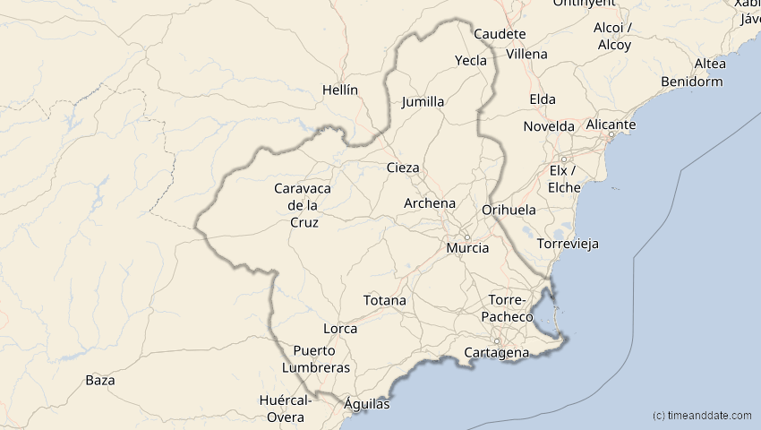 A map of Murcia, Spanien, showing the path of the 29. Mär 2025 Partielle Sonnenfinsternis