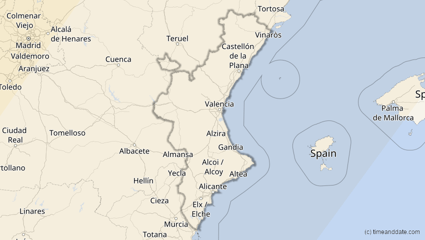 A map of Valencia, Spain, showing the path of the Mar 29, 2025 Partial Solar Eclipse
