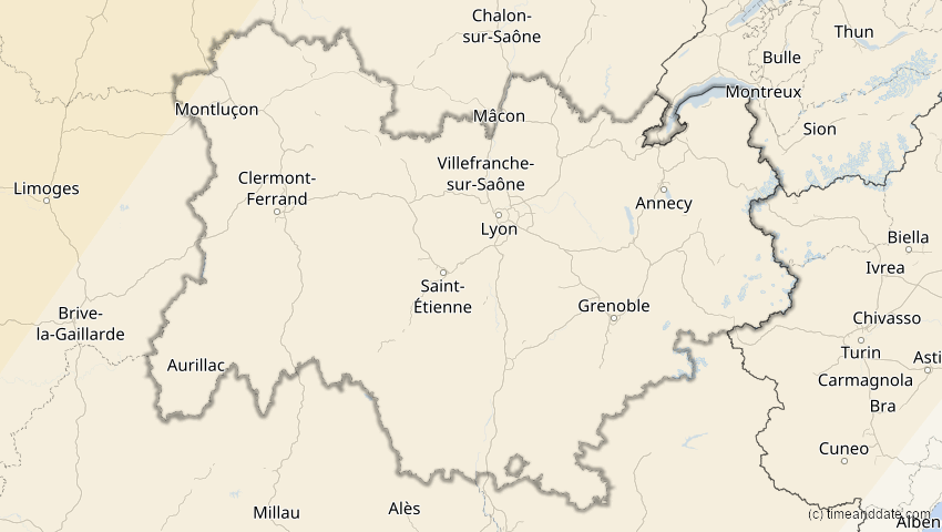 A map of Auvergne-Rhône-Alpes, Frankreich, showing the path of the 29. Mär 2025 Partielle Sonnenfinsternis