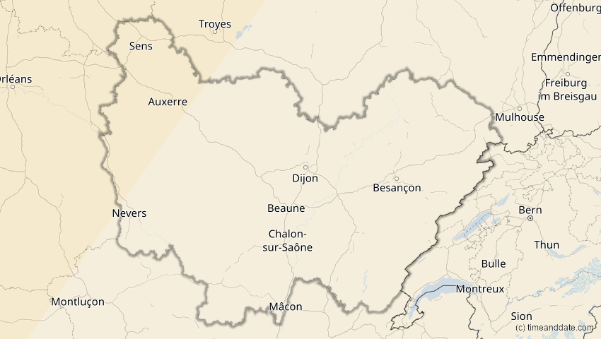 A map of Bourgogne-Franche-Comté, Frankreich, showing the path of the 29. Mär 2025 Partielle Sonnenfinsternis