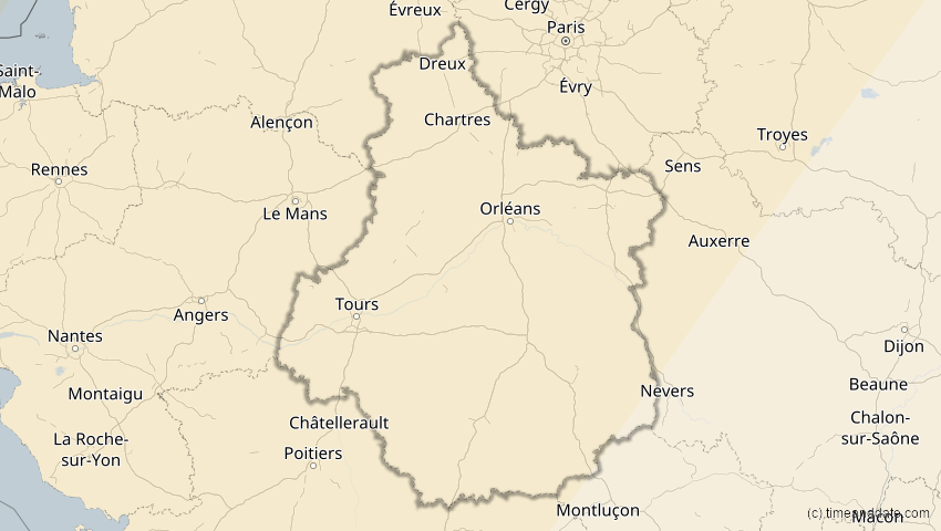 A map of Centre-Val de Loire, Frankreich, showing the path of the 29. Mär 2025 Partielle Sonnenfinsternis