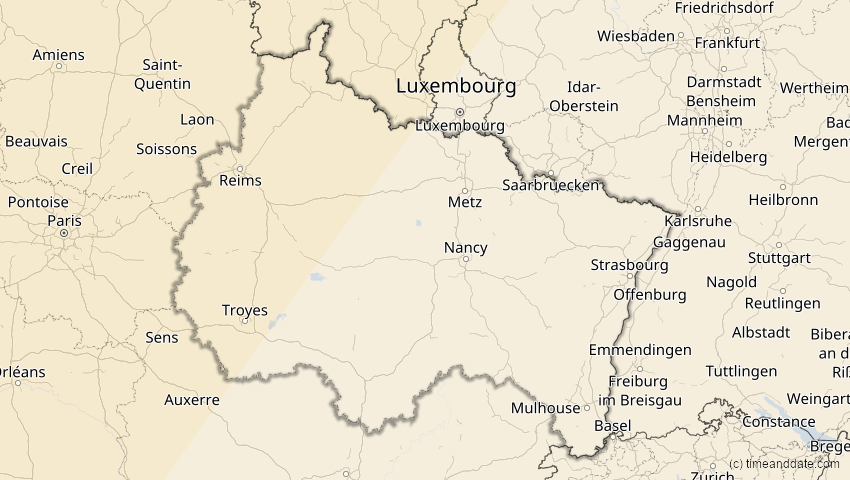 A map of Grand-Est, France, showing the path of the 2025年3月29日 (土) Partial Solar Eclipse