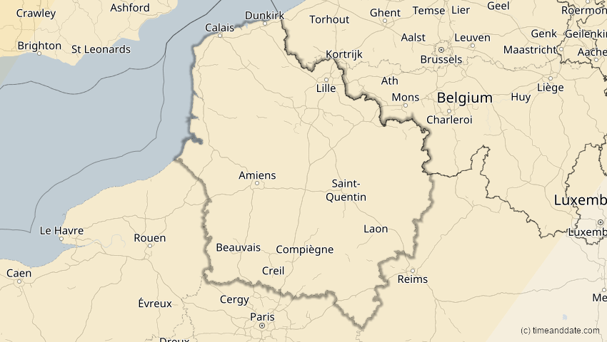 A map of Hauts-de-France, Frankreich, showing the path of the 29. Mär 2025 Partielle Sonnenfinsternis