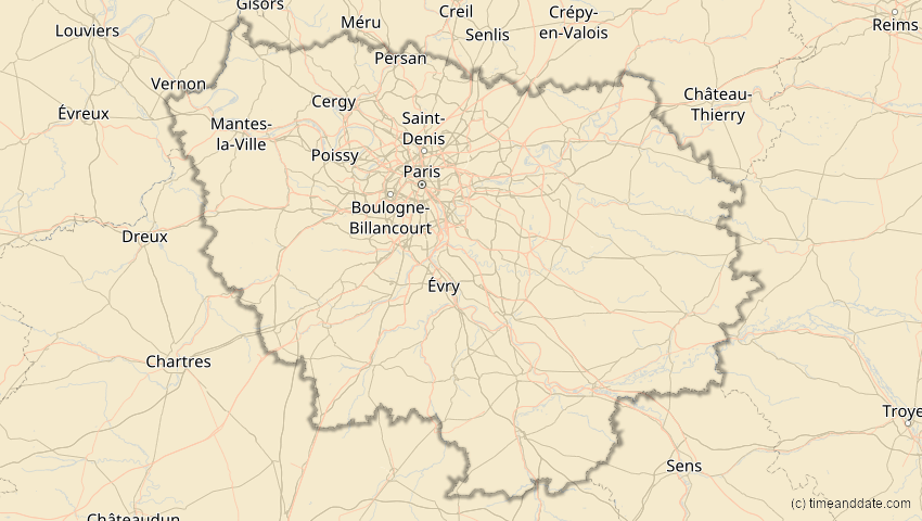 A map of Île-de-France, Frankreich, showing the path of the 29. Mär 2025 Partielle Sonnenfinsternis