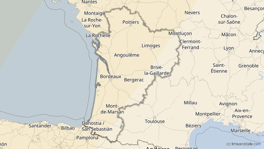 A map of Nouvelle-Aquitaine, Frankreich, showing the path of the 29. Mär 2025 Partielle Sonnenfinsternis