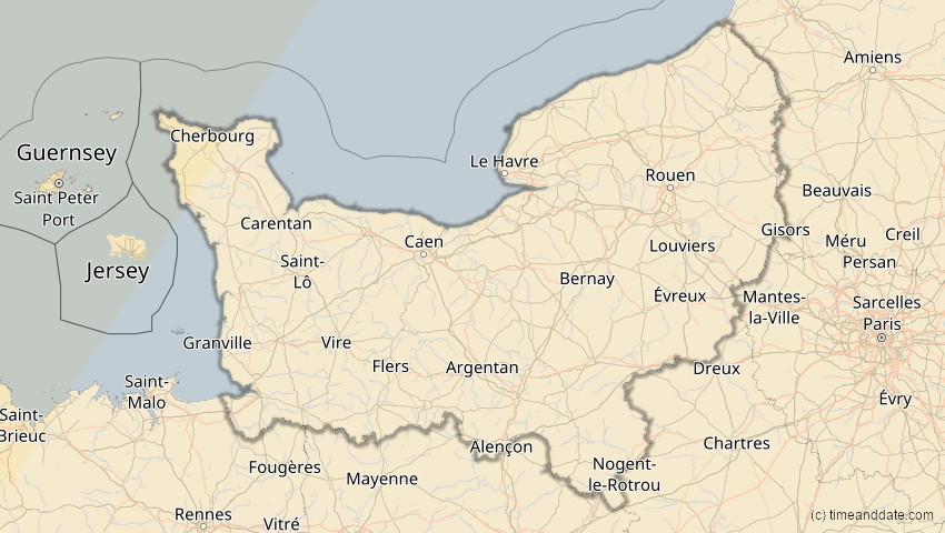 A map of Normandie, France, showing the path of the Mar 29, 2025 Partial Solar Eclipse