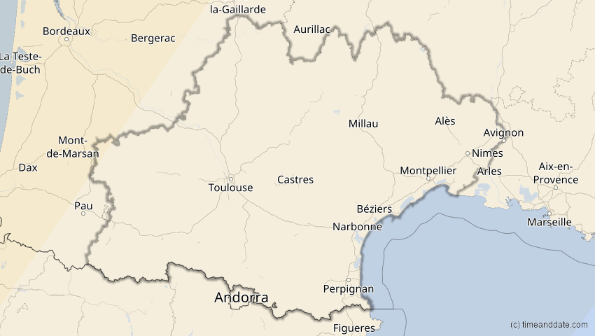 A map of Occitanie, France, showing the path of the Mar 29, 2025 Partial Solar Eclipse