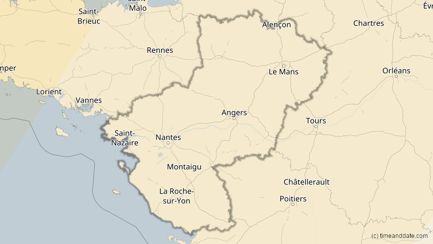 A map of Pays de la Loire, Frankreich, showing the path of the 29. Mär 2025 Partielle Sonnenfinsternis