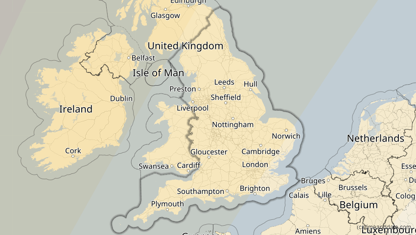 A map of England, United Kingdom, showing the path of the Mar 29, 2025 Partial Solar Eclipse